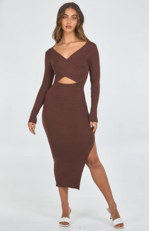 Cross Front Dress Chocolate-With cut out detail-Winnie and Co